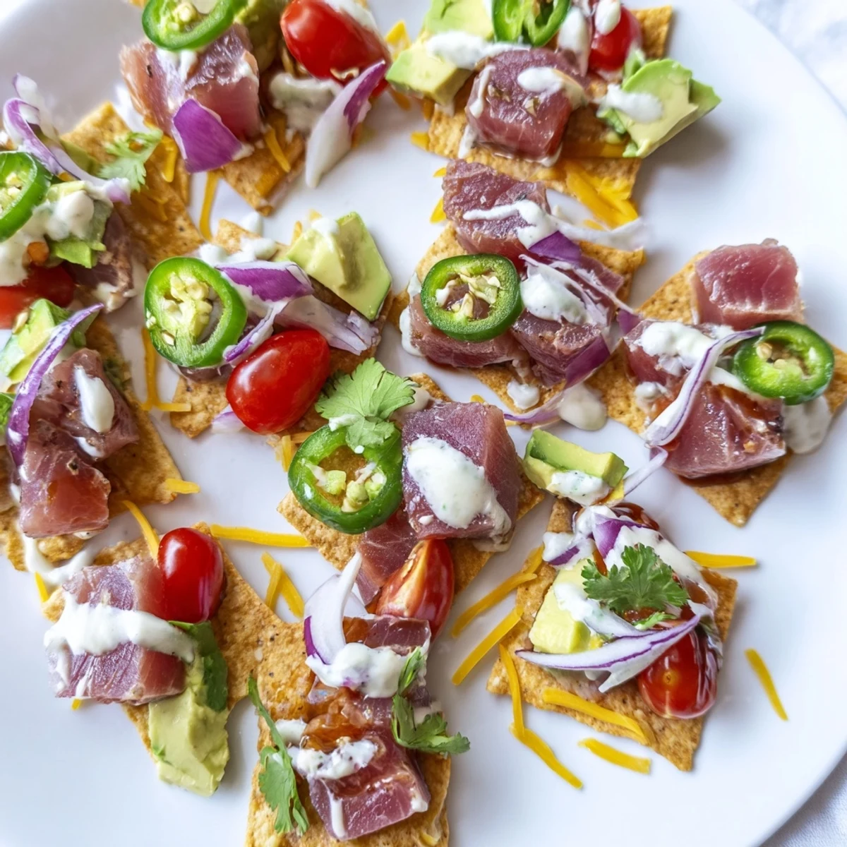 Crispy tortilla chips layered with marinated tuna, melted cheese, tomatoes, and jalapeño-lime sour cream topping