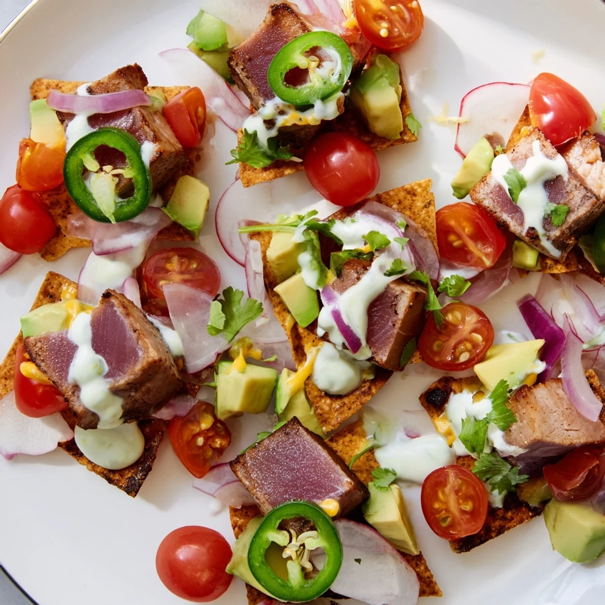 Loaded tuna nachos deluxe featuring seared tuna chunks, colorful veggies, and creamy jalapeño sauce on platter