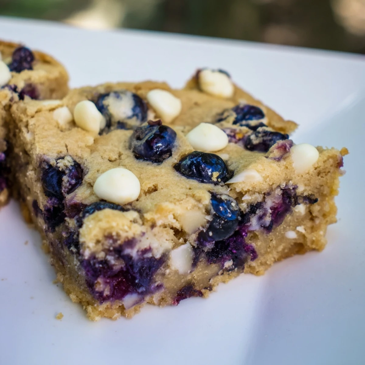 Golden blueberry blondies with bursting purple berries and soft vanilla crumb squares