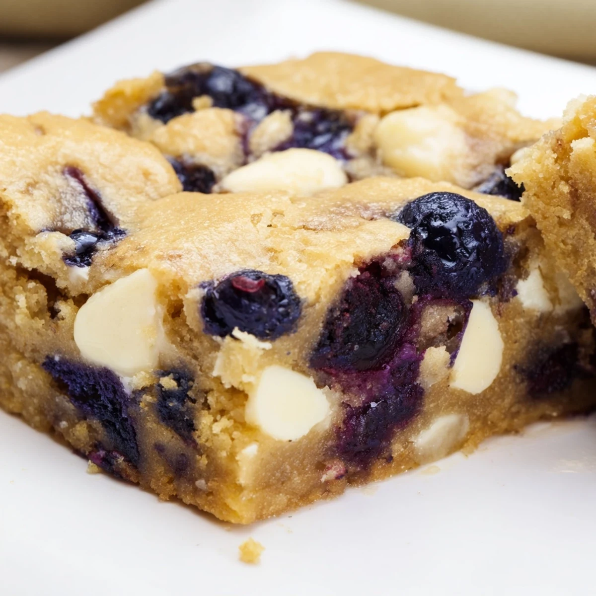 Chewy homemade blueberry blondies topped with fresh juicy berries and white chocolate drizzle