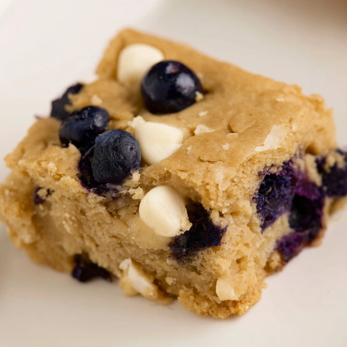 Warm blueberry blondies cut into squares served with vanilla ice cream and berries