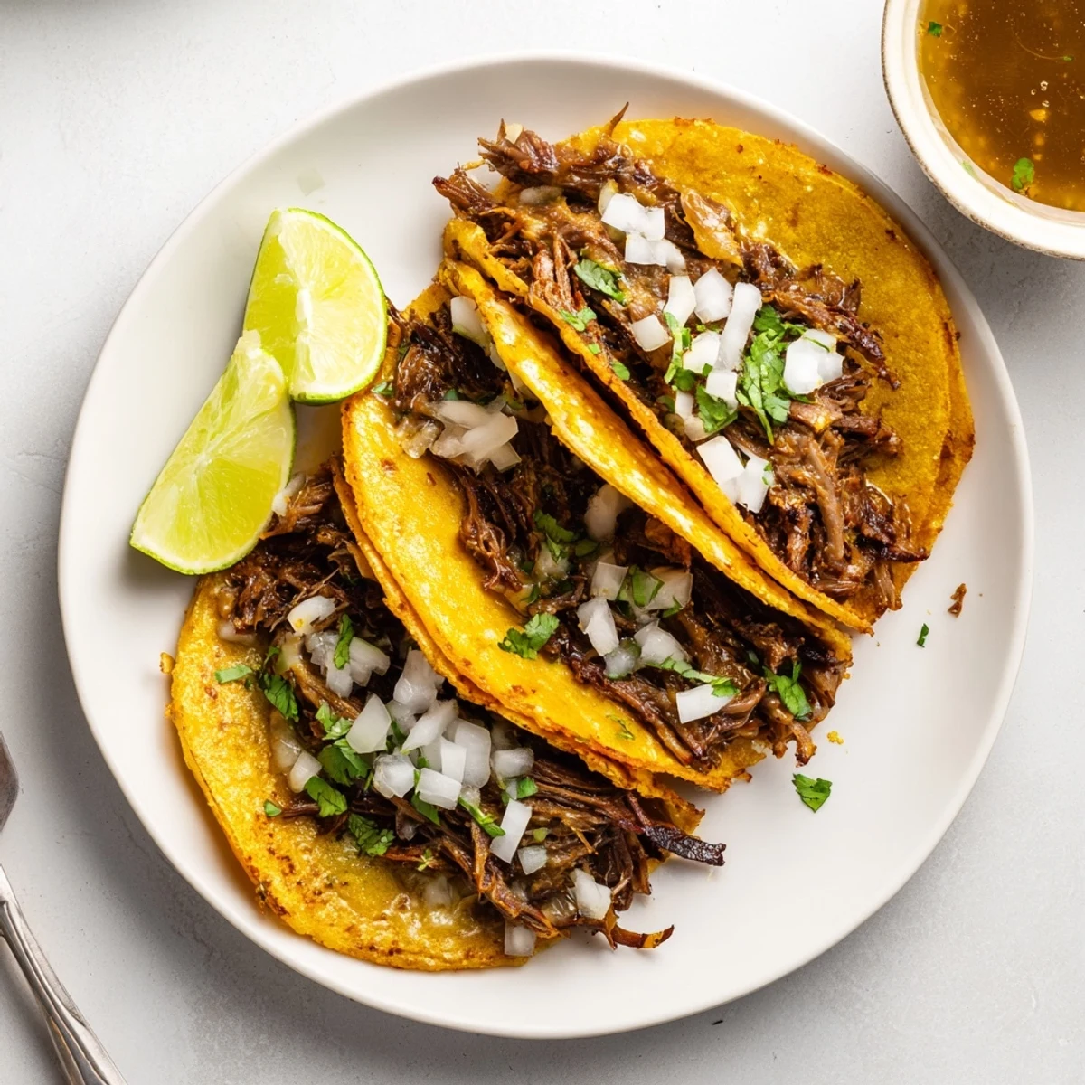 Crispy Birria tacos filled with tender shredded beef and melted Oaxaca cheese, served with dipping consommé