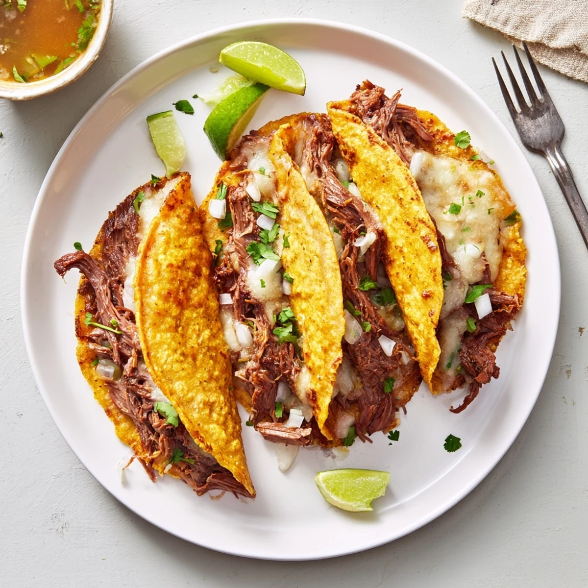 Golden Birria tacos garnished with fresh cilantro and diced onion alongside rich red consommé for dipping