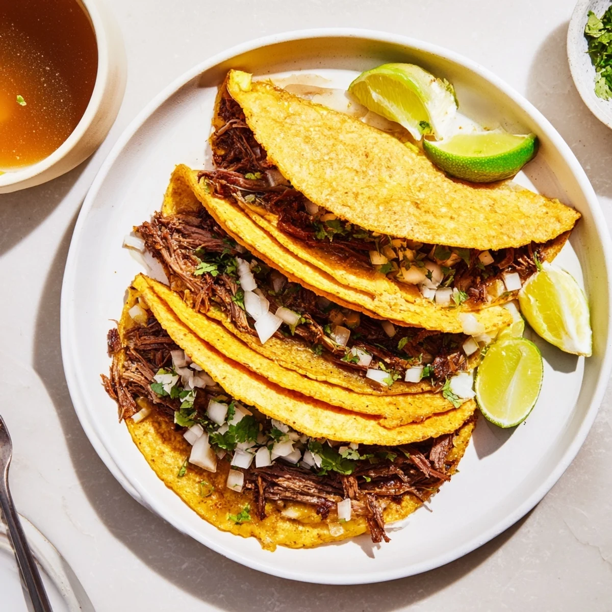 Savory Birria tacos stuffed with slow-cooked beef and cheese, served with lime wedges and flavorful broth