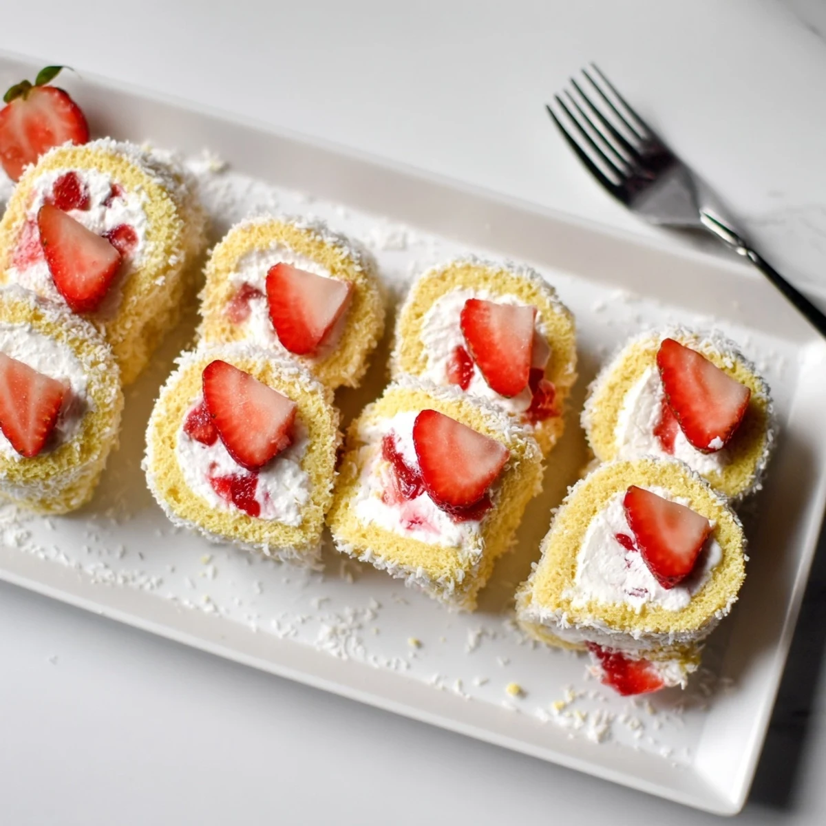 Golden sponge cake rolls stuffed with sweet strawberry cream, sliced into playful sushi shapes