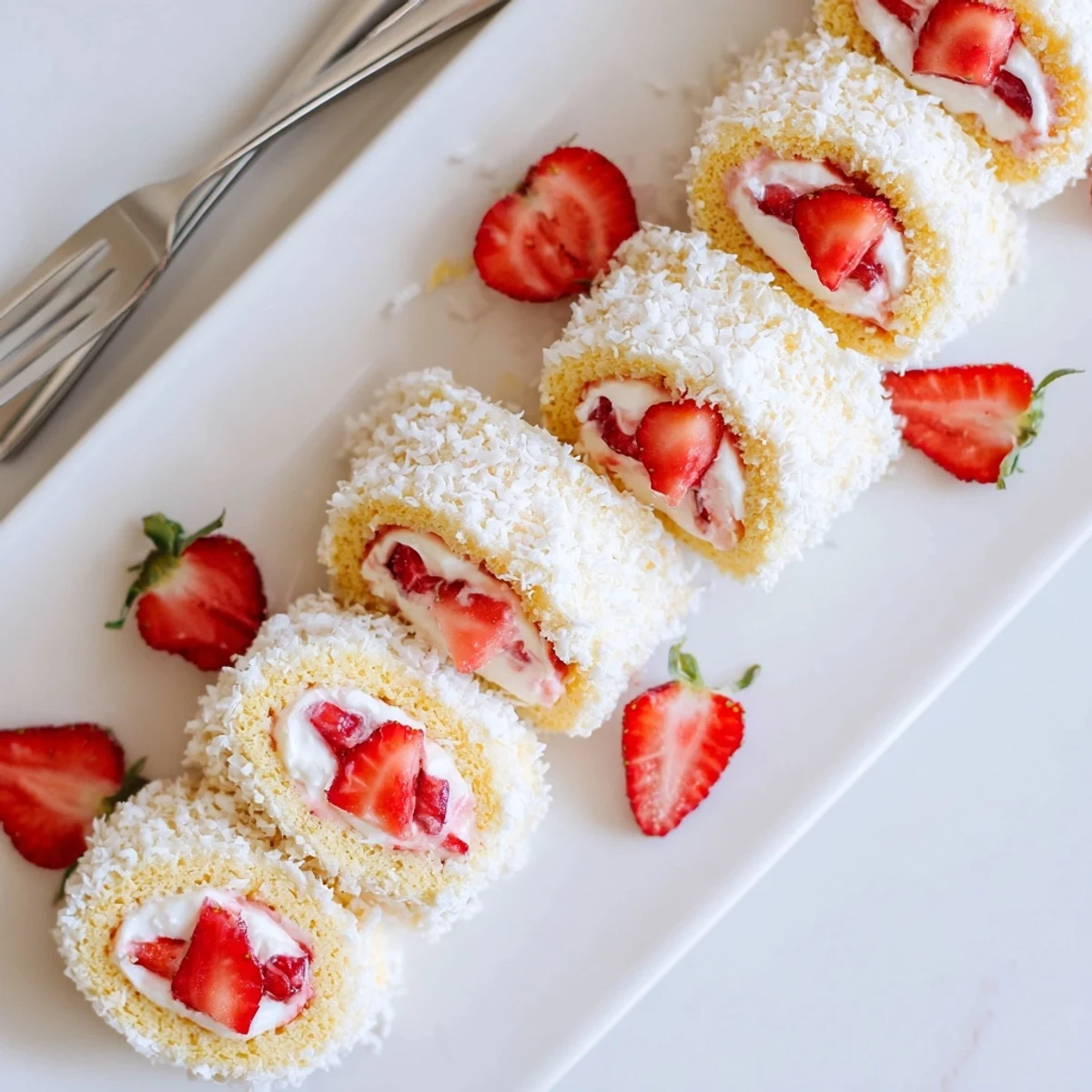 Bite-sized dessert sushi rolls with fluffy sponge, diced strawberries, and coconut-dusted edges