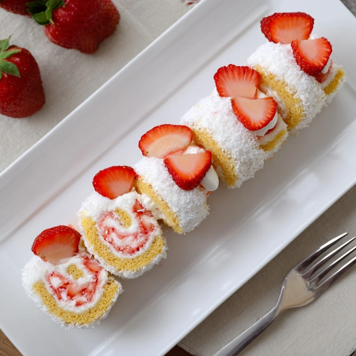 Whimsical strawberry shortcake sushi rolls featuring whipped cream filling and fresh strawberry garnish