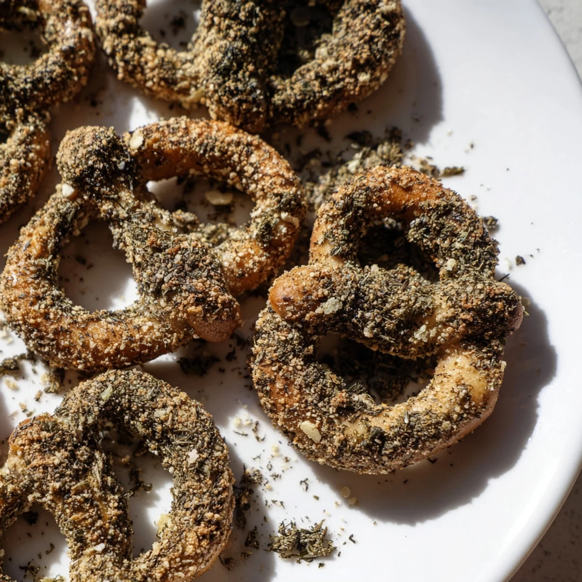 Crispy pretzel twists tossed with tangy ranch and dill pickle seasoning blend