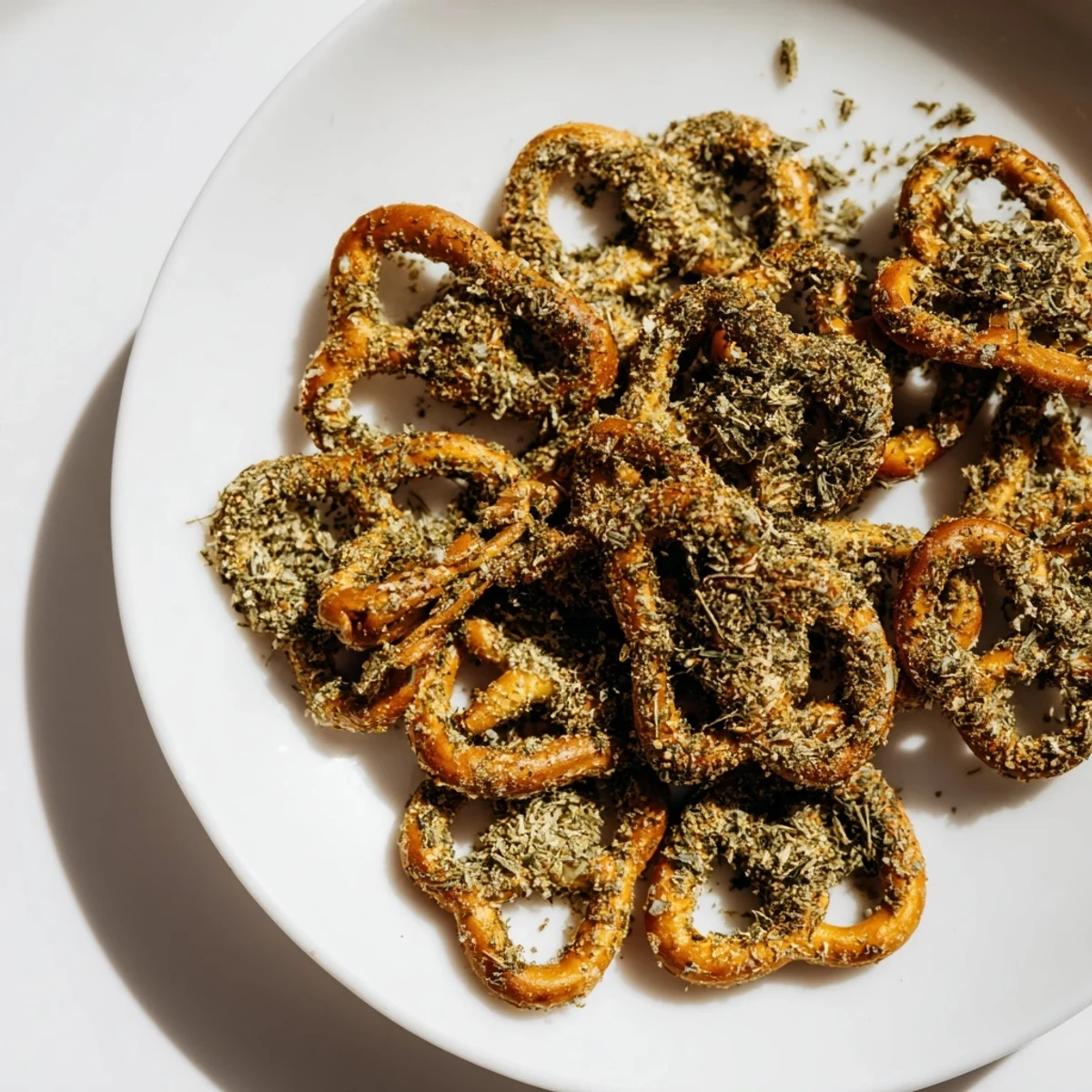 Golden brown pretzels coated in dill pickle ranch seasoning spread on baking sheet