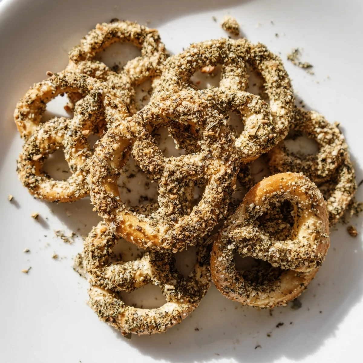 Baked pretzels sprinkled with green dill herbs and savory ranch coating mixture