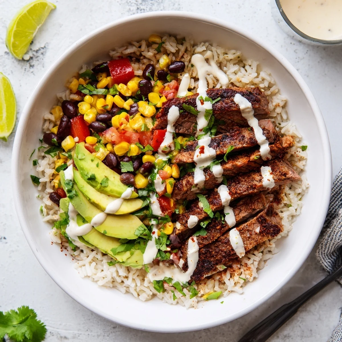 Steak queso rice bowl featuring seasoned beef atop fluffy cilantro lime rice with drizzled melted cheddar sauce