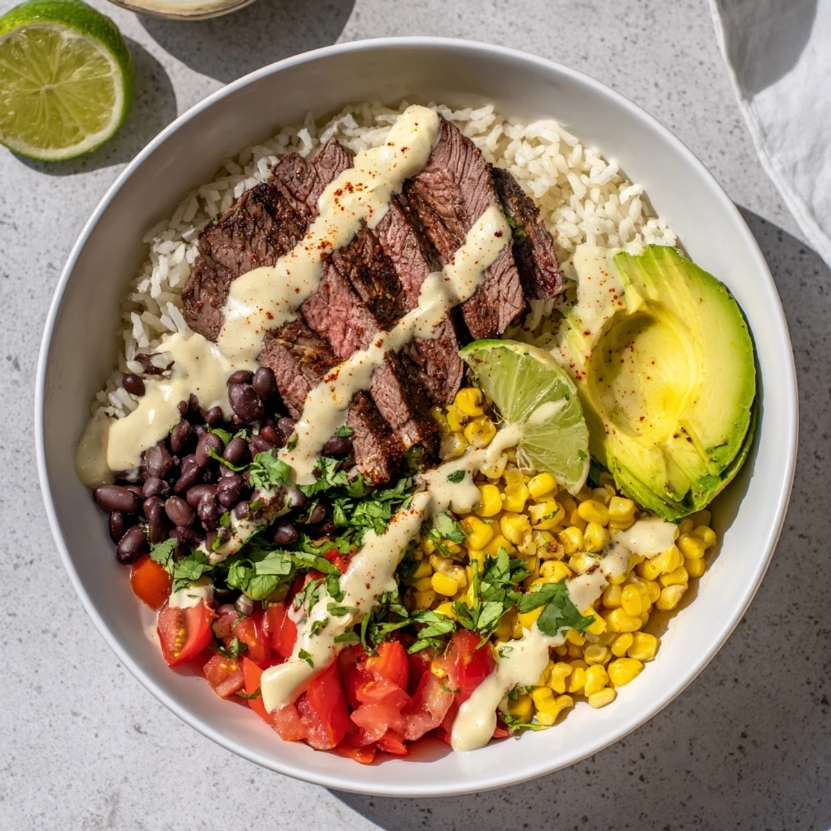 Savory steak queso rice bowl layered with spiced flank steak black beans fresh avocado and rich queso