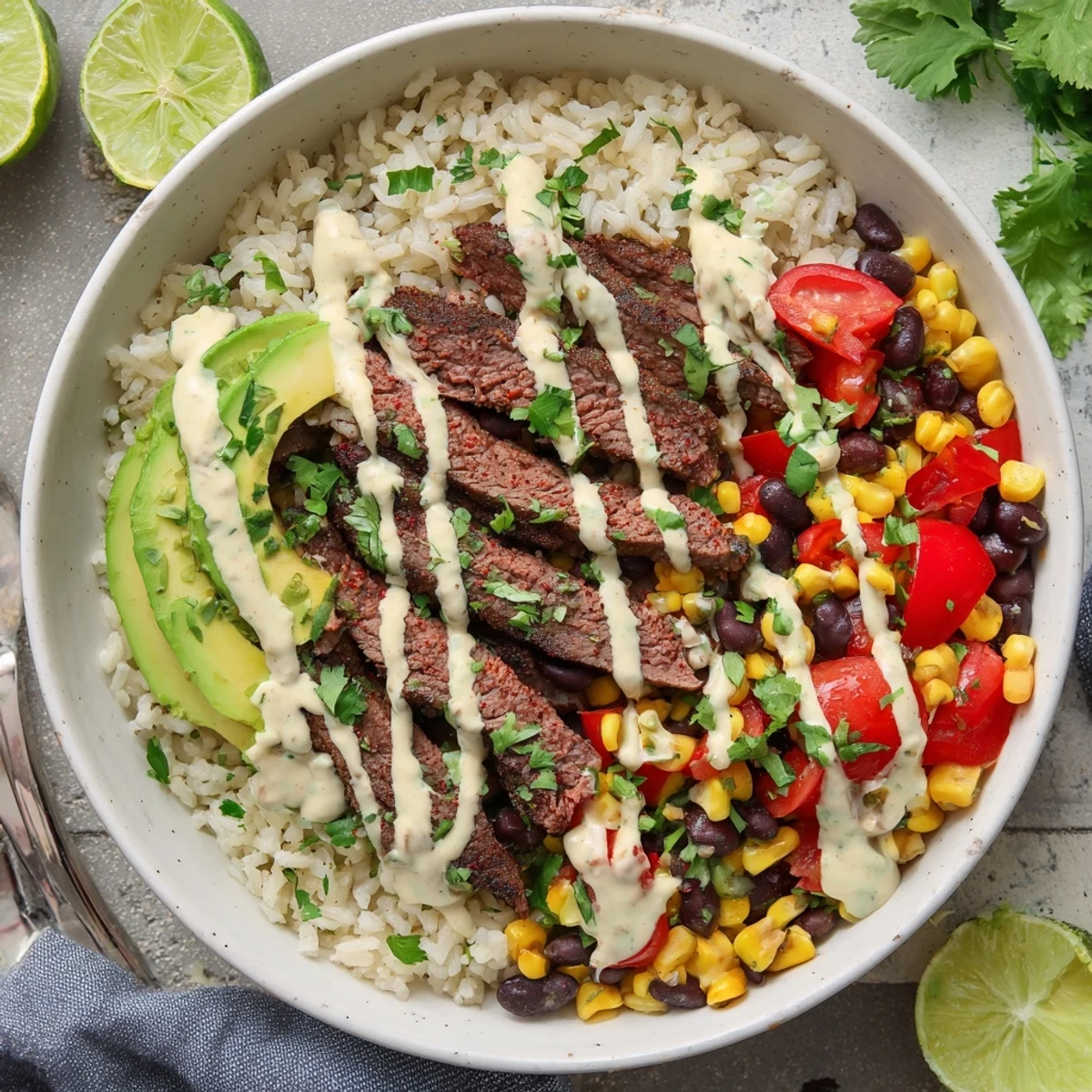 Homemade steak queso rice bowl with tender sliced steak corn tomatoes and creamy cheese sauce over seasoned rice