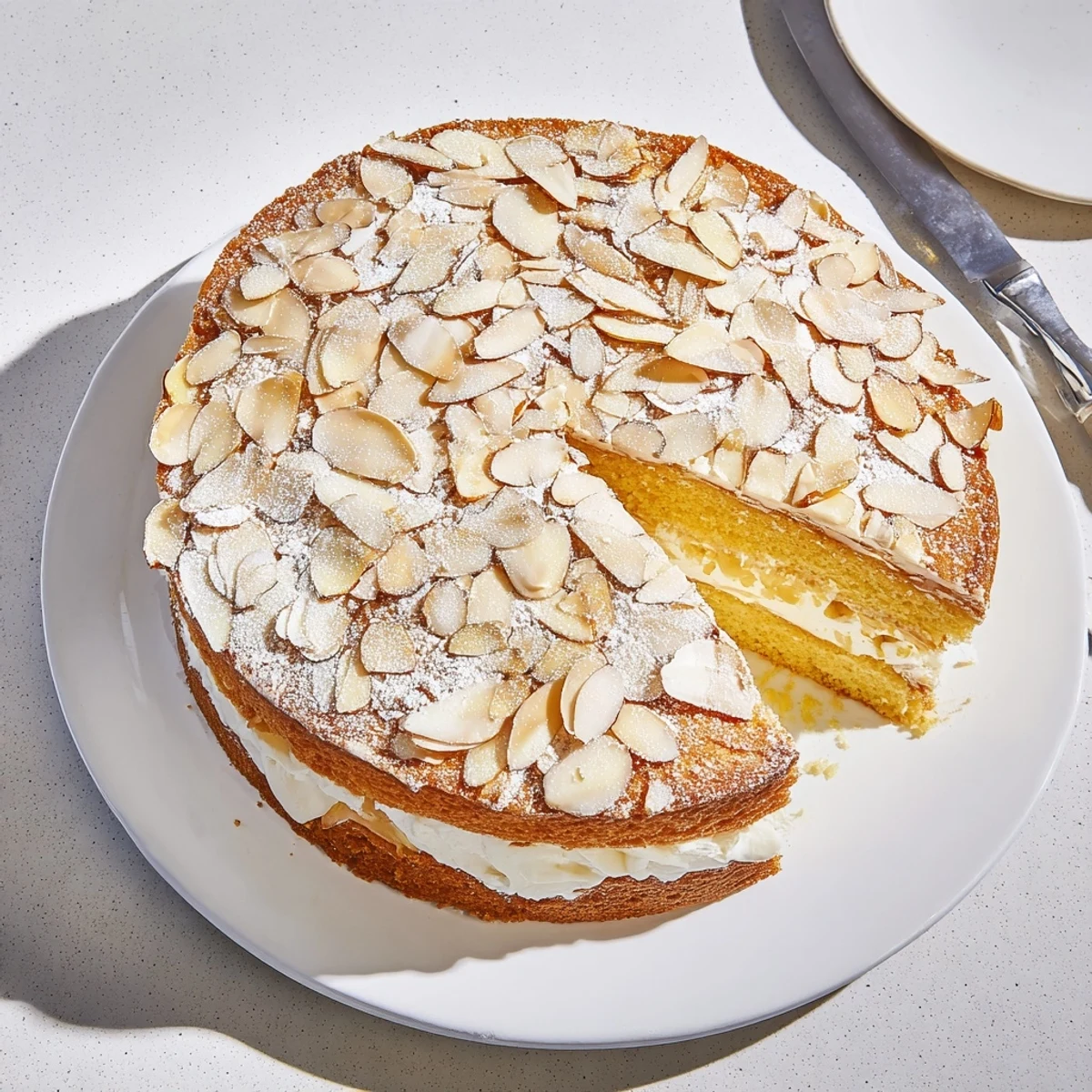 Fluffy almond cream cake layered with rich almond filling and dusted with powdered sugar