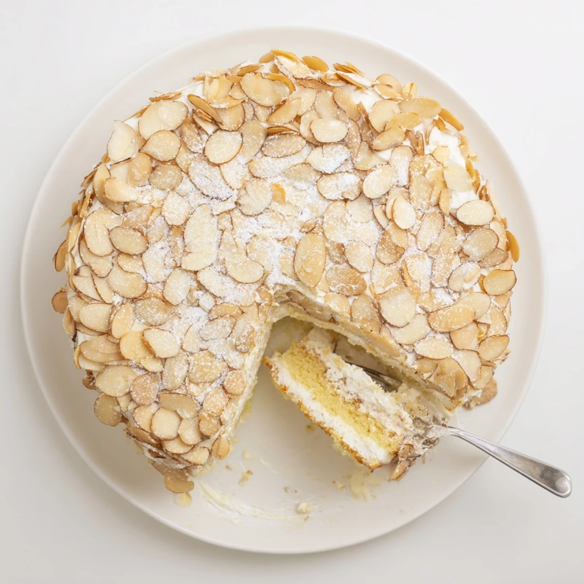 Golden almond cream cake slice showcasing moist layers with toasted almond topping on white plate