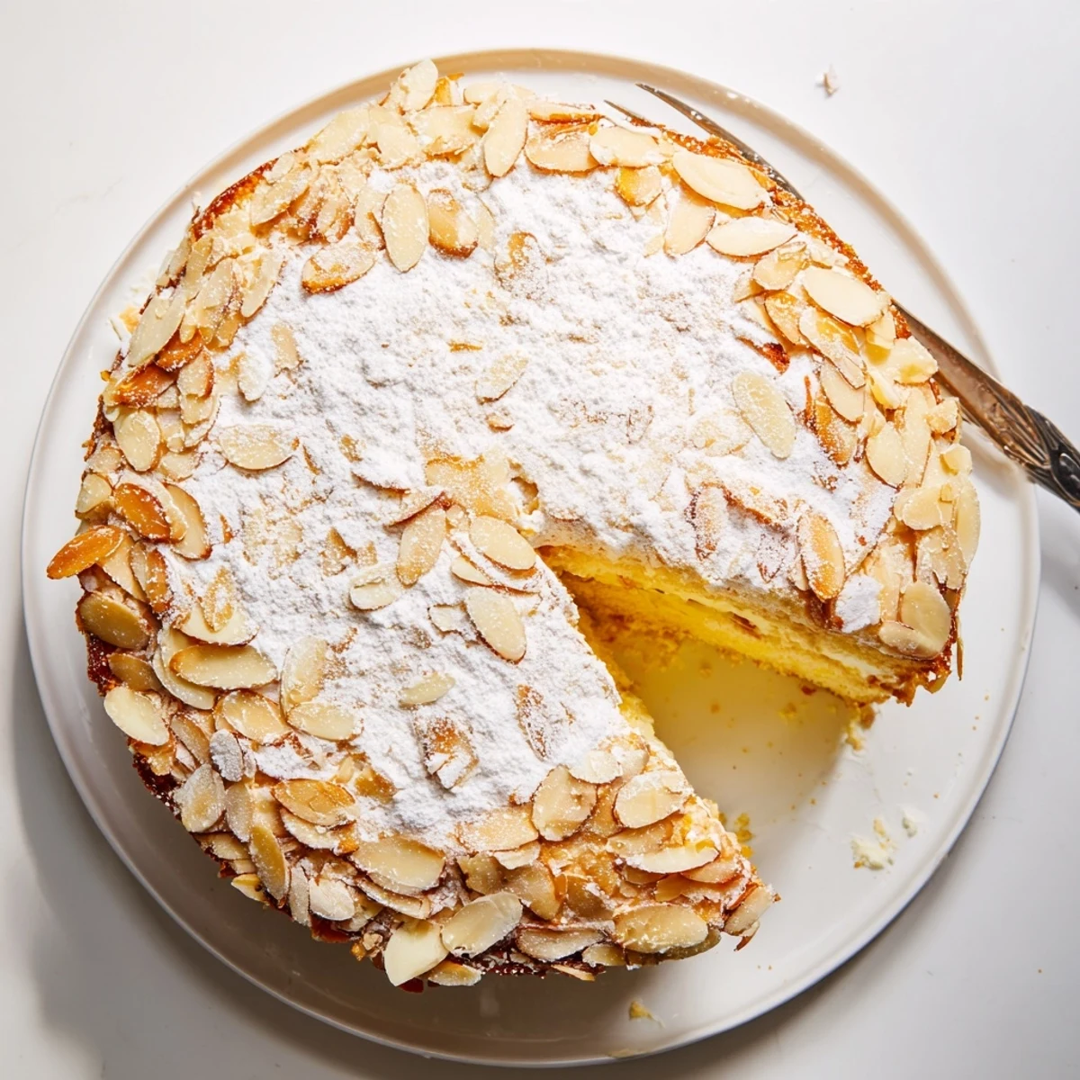 Decadent almond cream cake slice drizzled with honey and topped with crunchy toasted almonds