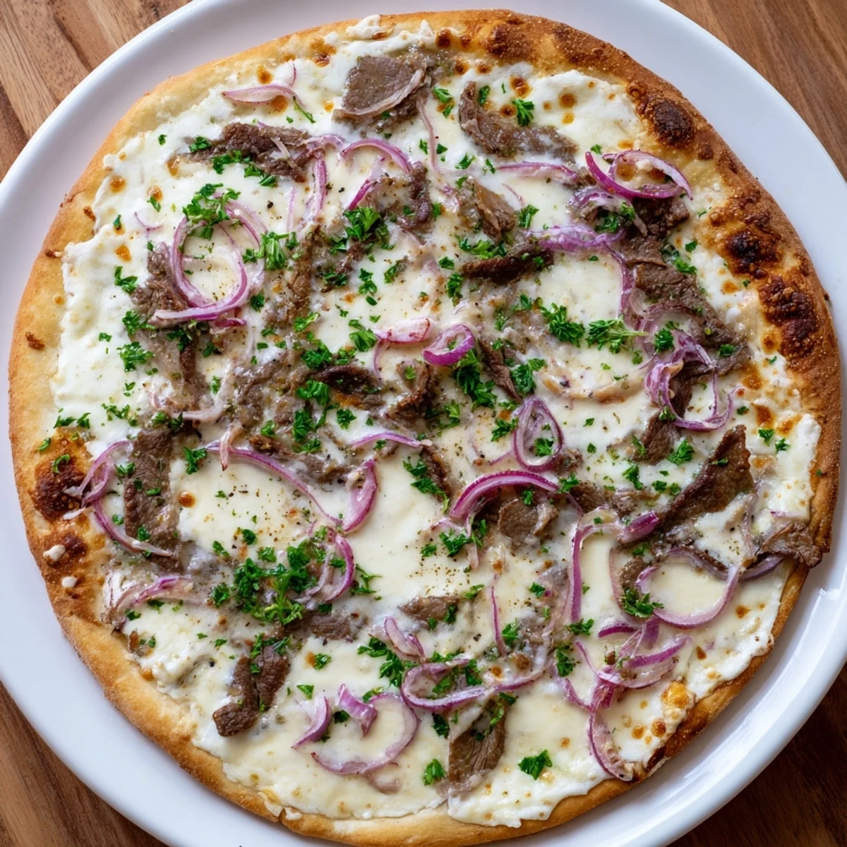 Homemade Beef Alfredo Pizza topped with provolone, red onion, and golden-baked crust