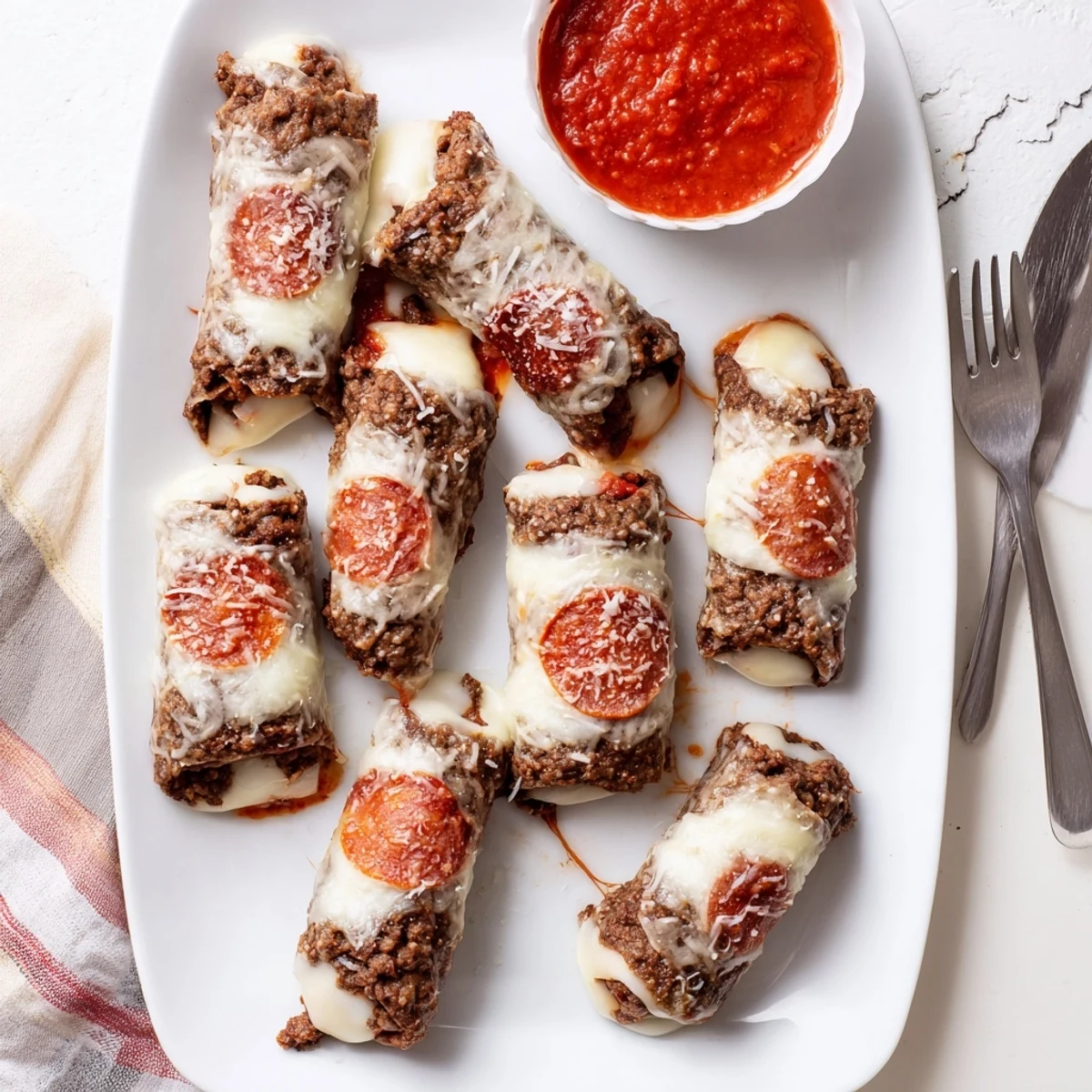 Golden brown keto beef pepperoni cheese roll ups topped with melted parmesan on a white baking sheet