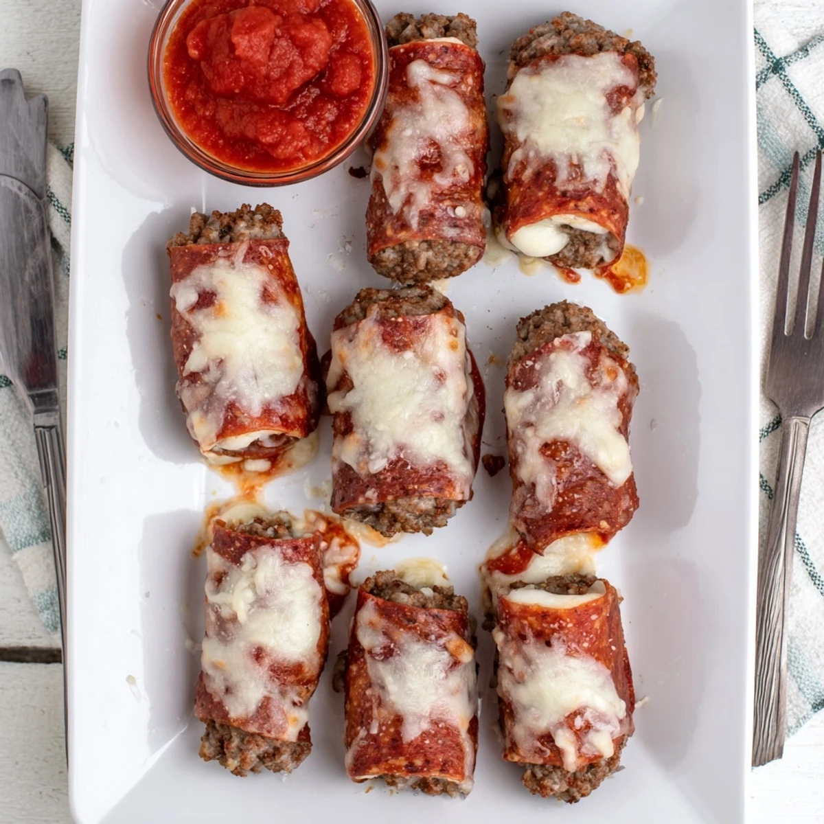 Savory low-carb beef roll ups stuffed with pepperoni and gooey mozzarella, ready for dipping in marinara sauce