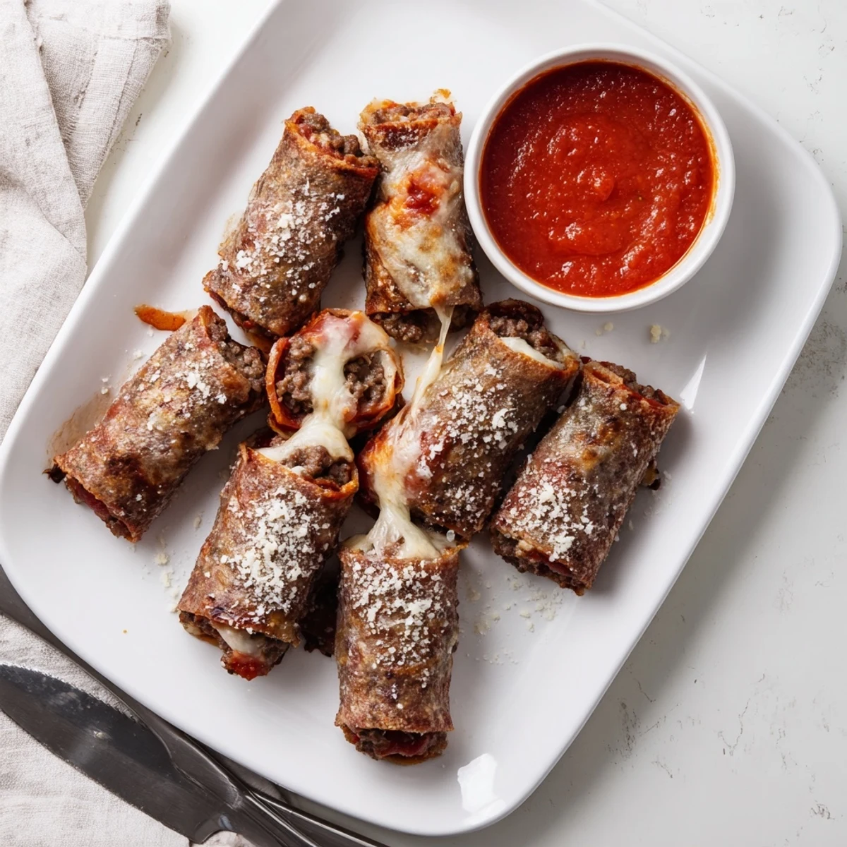 Freshly baked keto beef pepperoni cheese roll ups featuring bubbly cheese and Italian seasoning, arranged on parchment paper