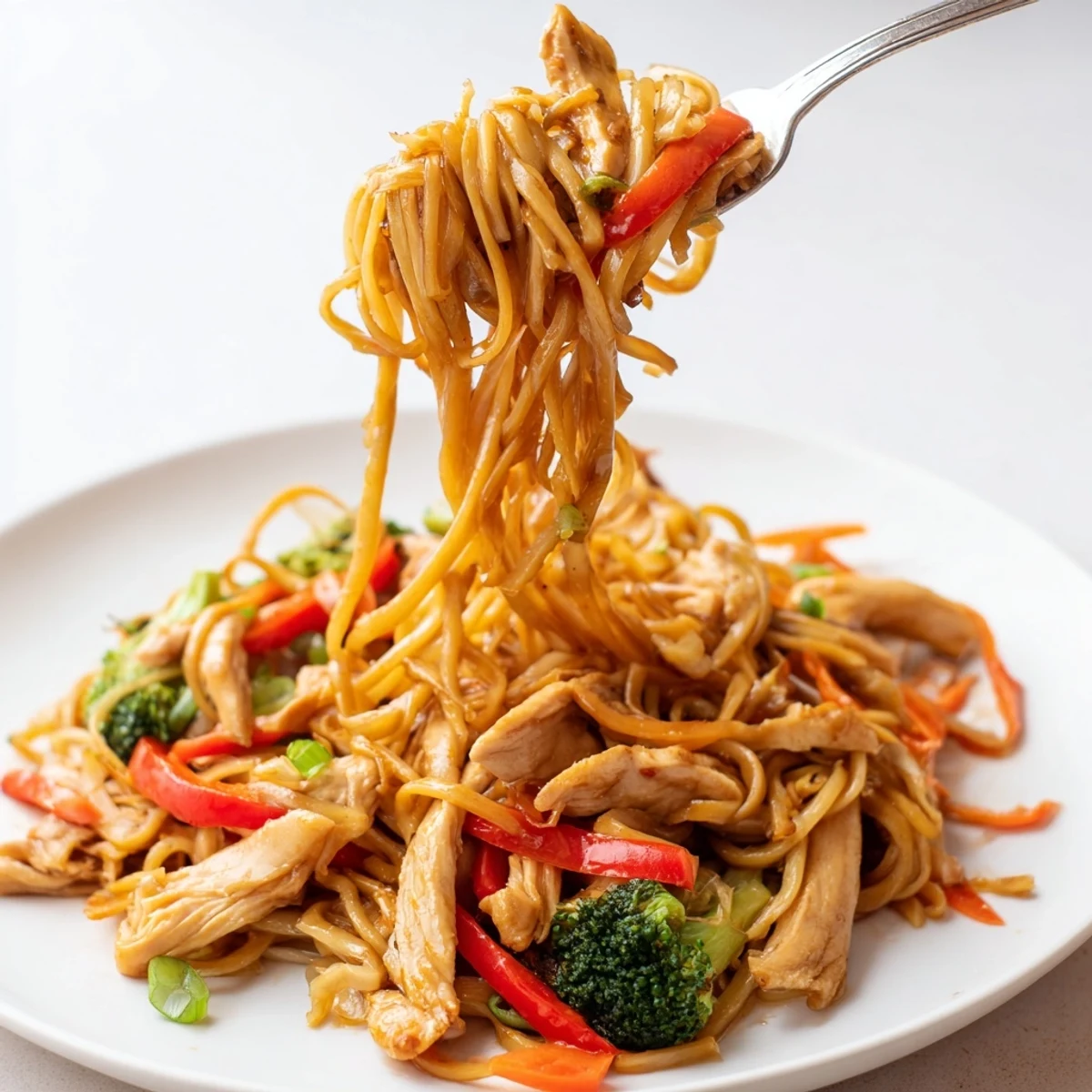 Warm Savory Garlic Chicken Lo Mein Delight piled high with glistening sesame noodles.