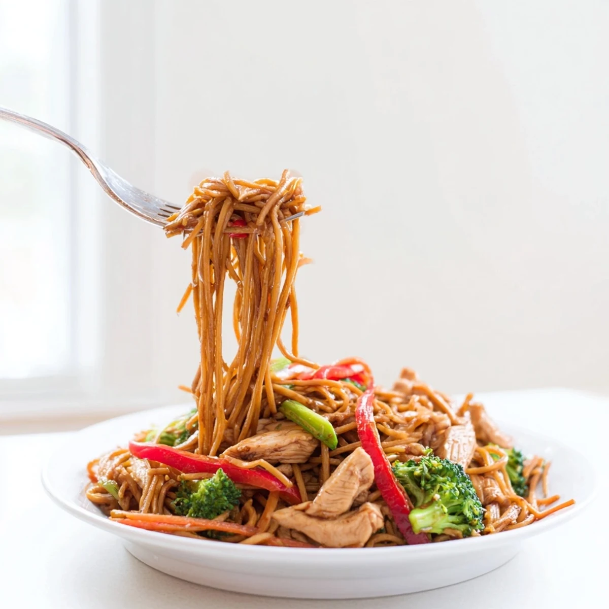 Family-style Savory Garlic Chicken Lo Mein Delight served with crunchy broccoli and scallions.