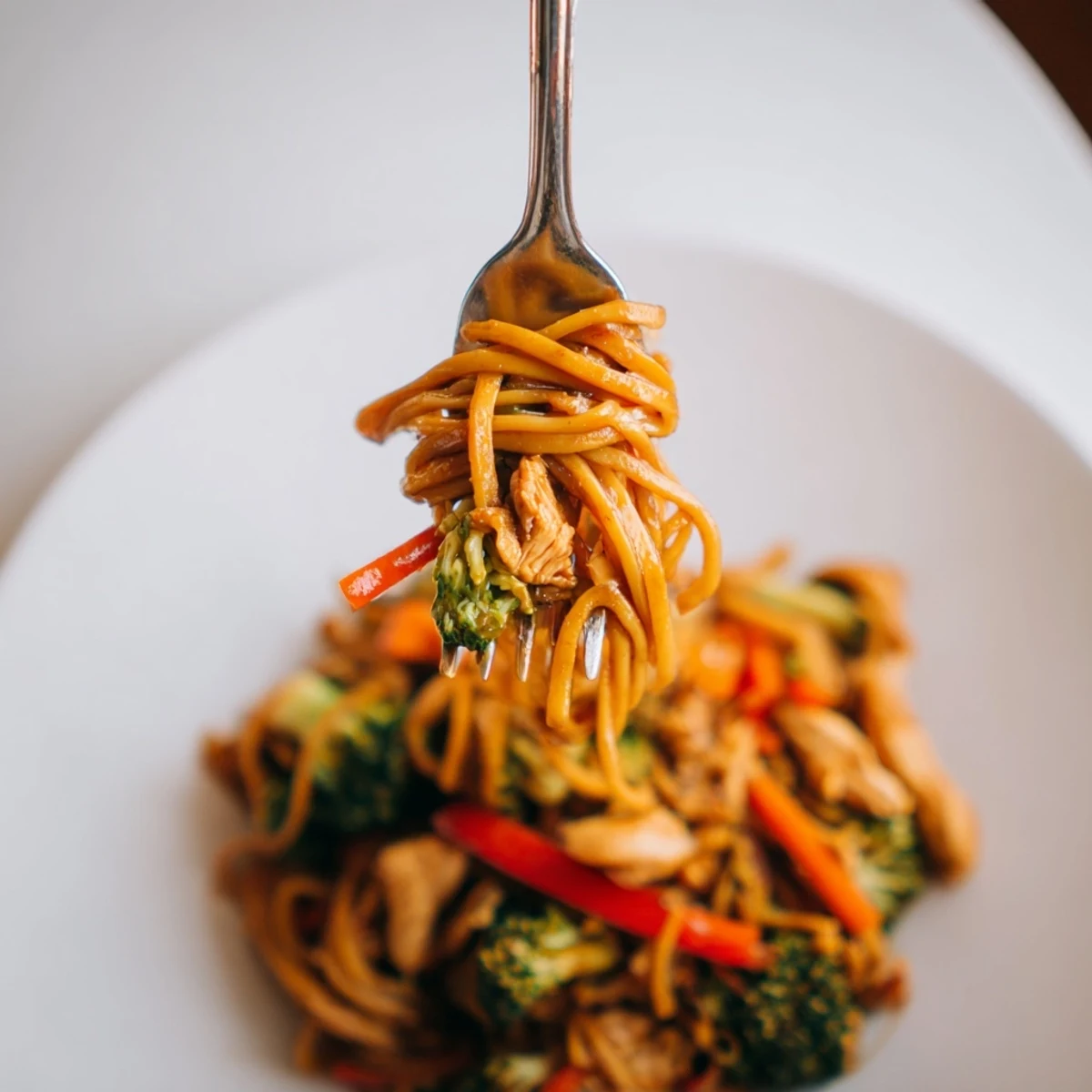 Savory Garlic Chicken Lo Mein Delight steaming in a wok, fragrant garlic aroma.