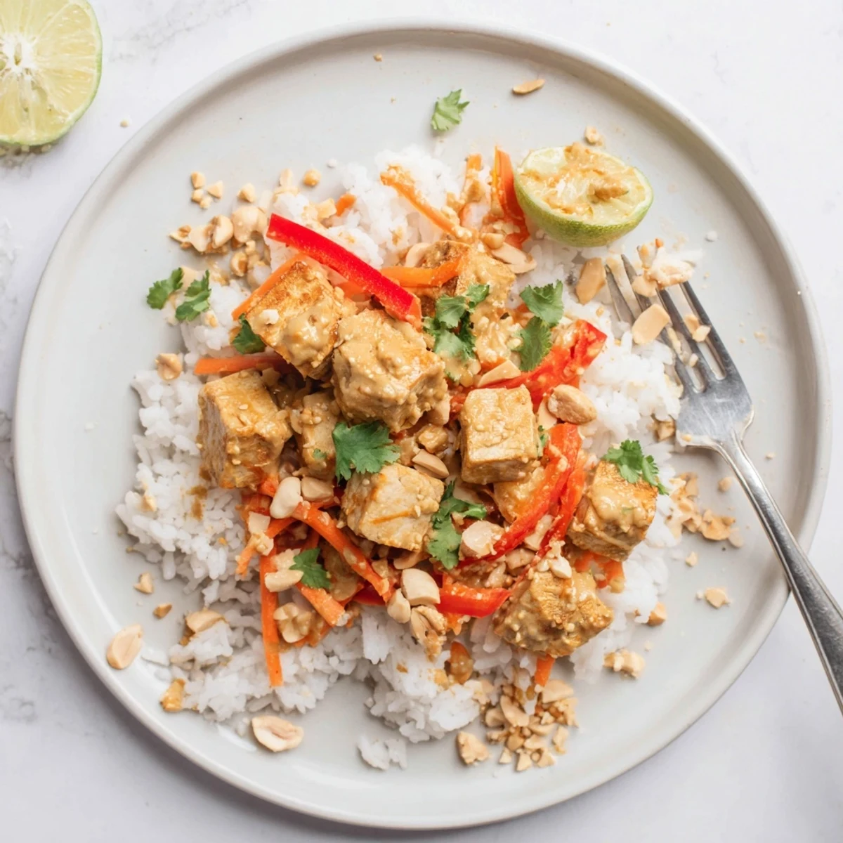 Creamy Peanut Tofu Coconut Rice plated with cilantro, lime wedge, and crunchy peanuts