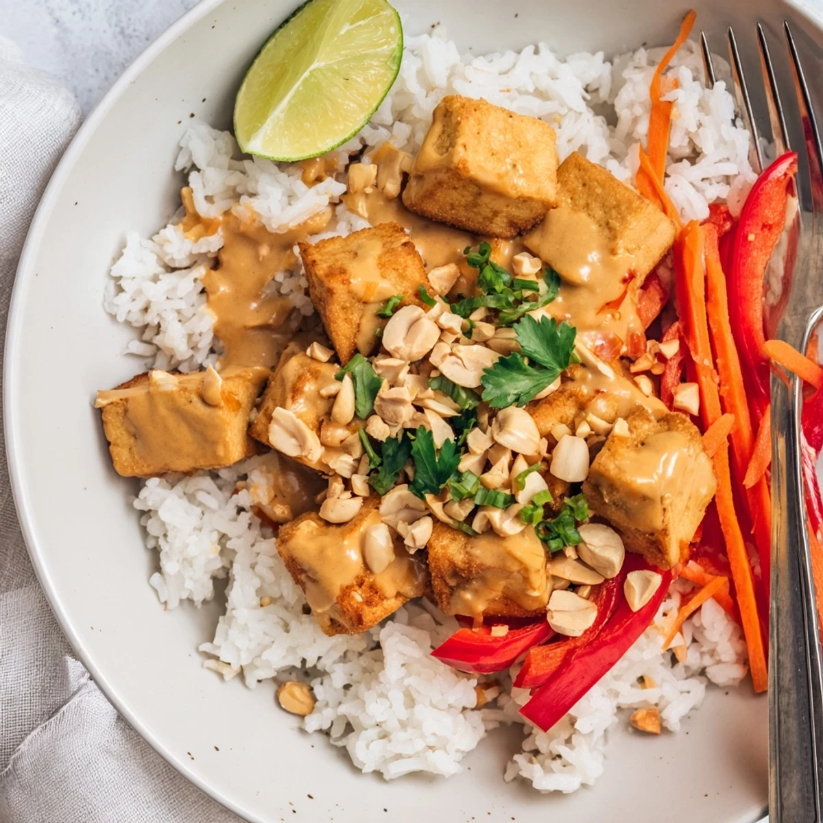 Crispy tofu atop steaming Peanut Tofu Coconut Rice with julienned carrots