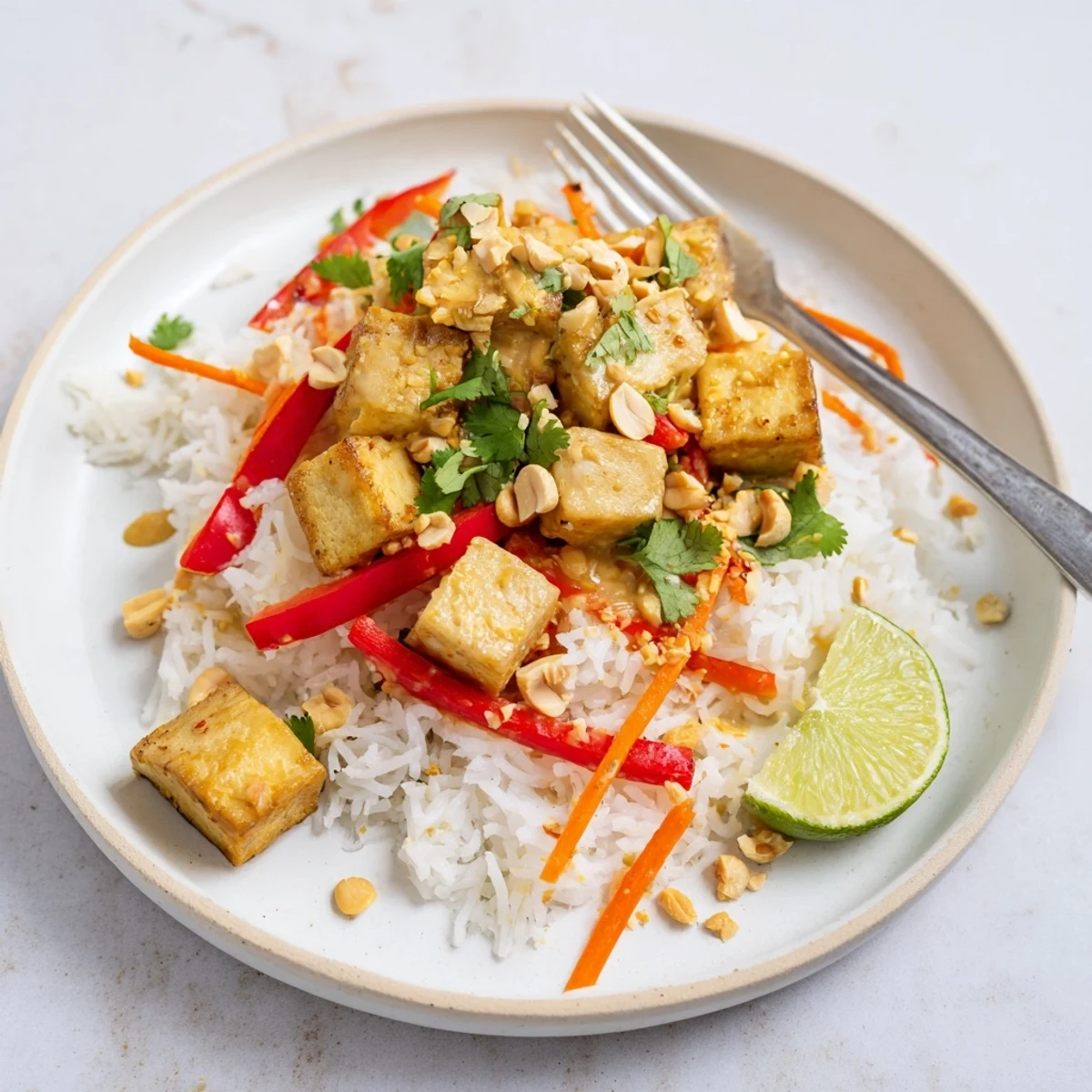 Weeknight friendly Peanut Tofu Coconut Rice tossed in creamy peanut sauce, cilantro garnish