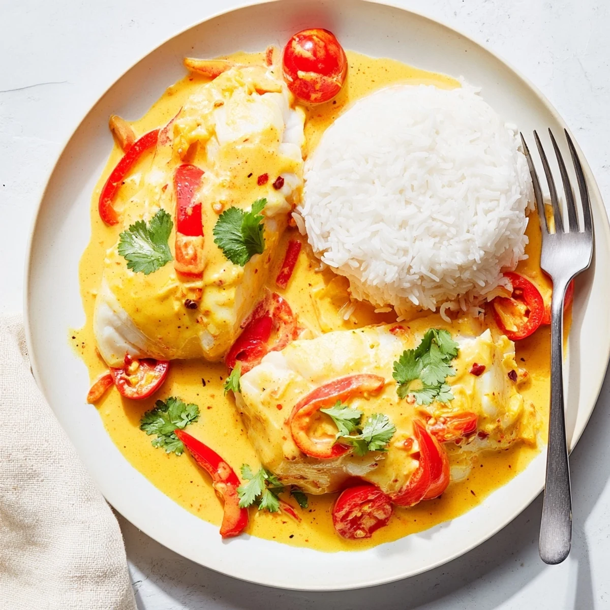Coconut Curry Baked Cod resting in creamy sauce, garnished with cilantro.