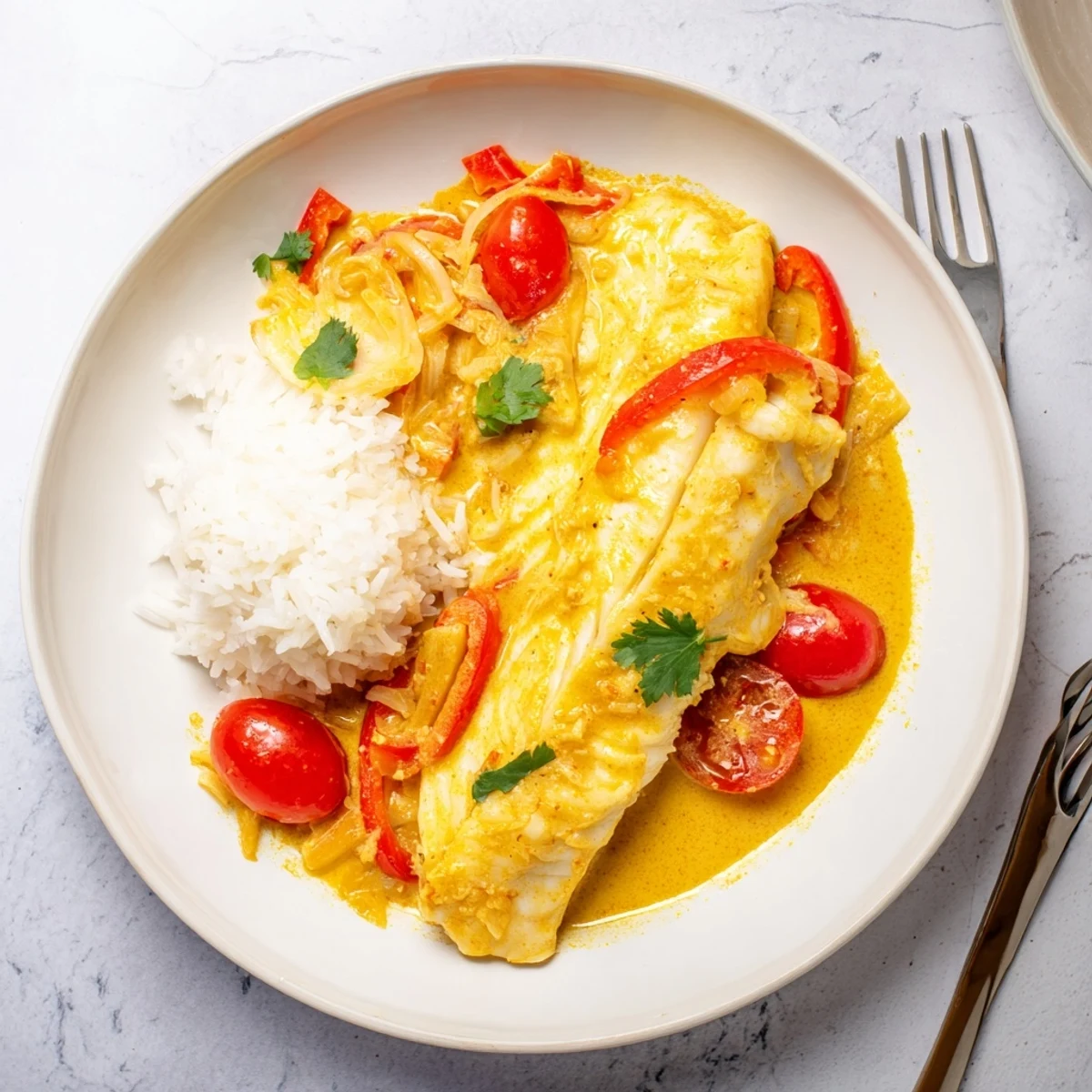 Warm Coconut Curry Baked Cod served over steamed jasmine rice, lime.