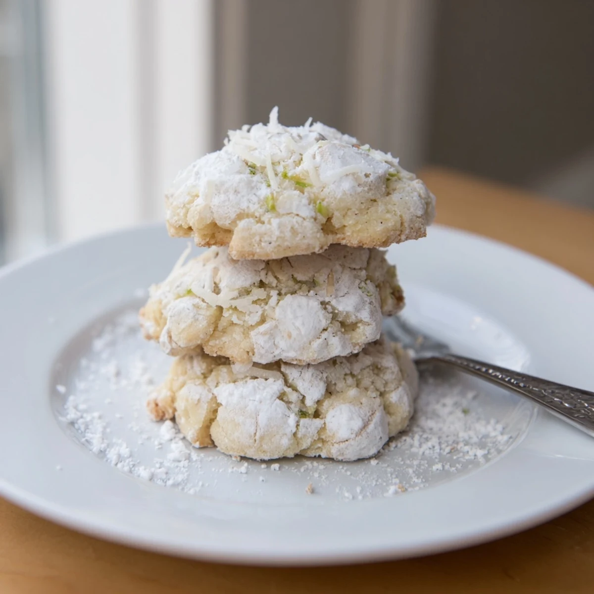 Warm Tropical Coconut Key Lime Crinkle Cookies showing chewy centers and zesty lime aroma