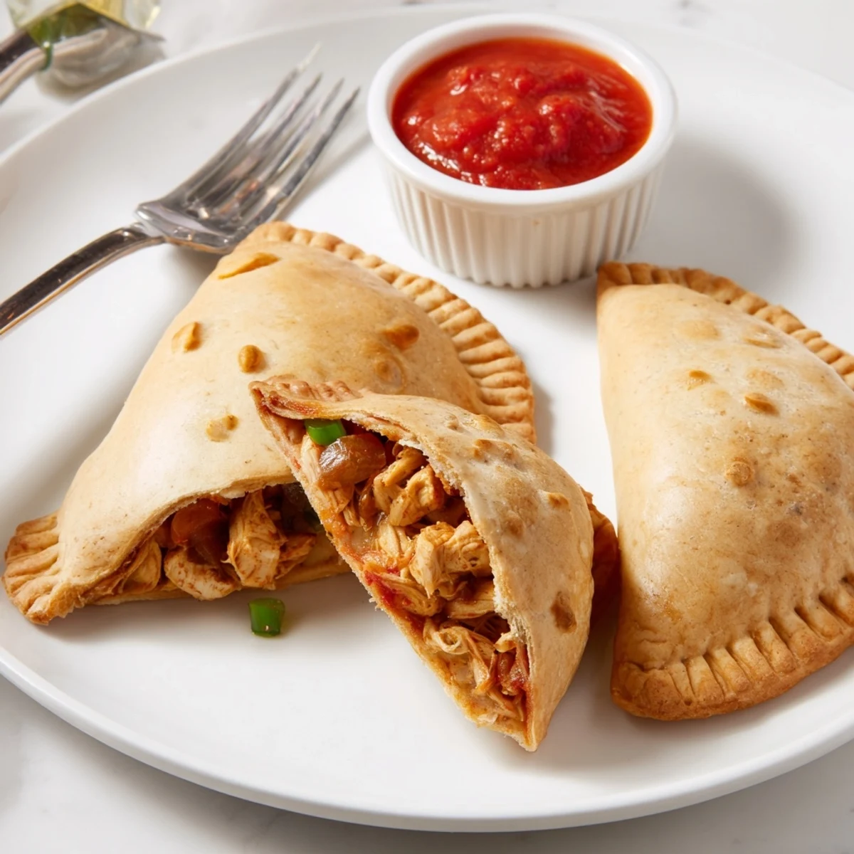 Warm gluten free chicken empanadas recipe plated with lime wedges and fresh salsa