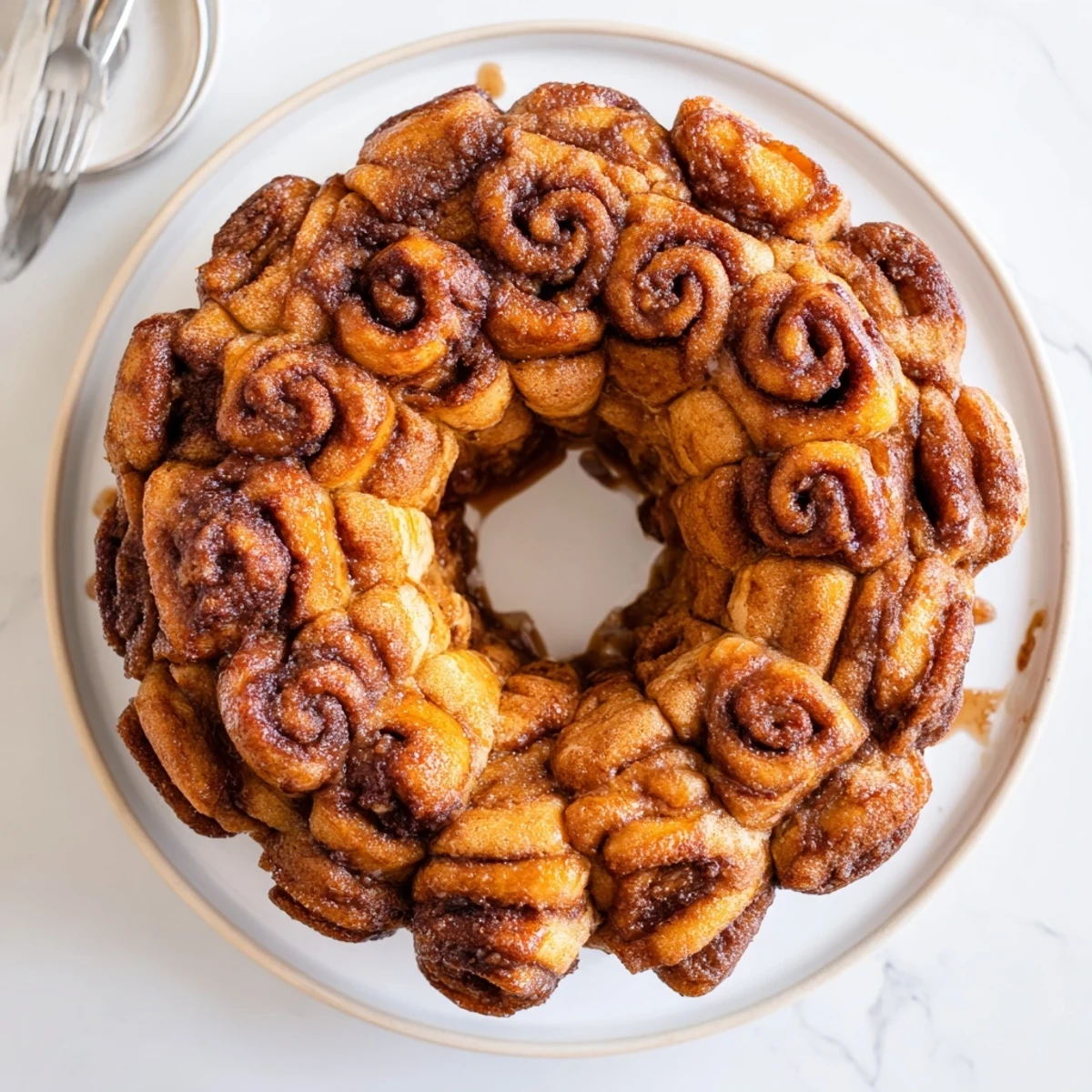 Warm Cinnamon Roll Monkey Bread pull apart pieces drizzled with vanilla icing