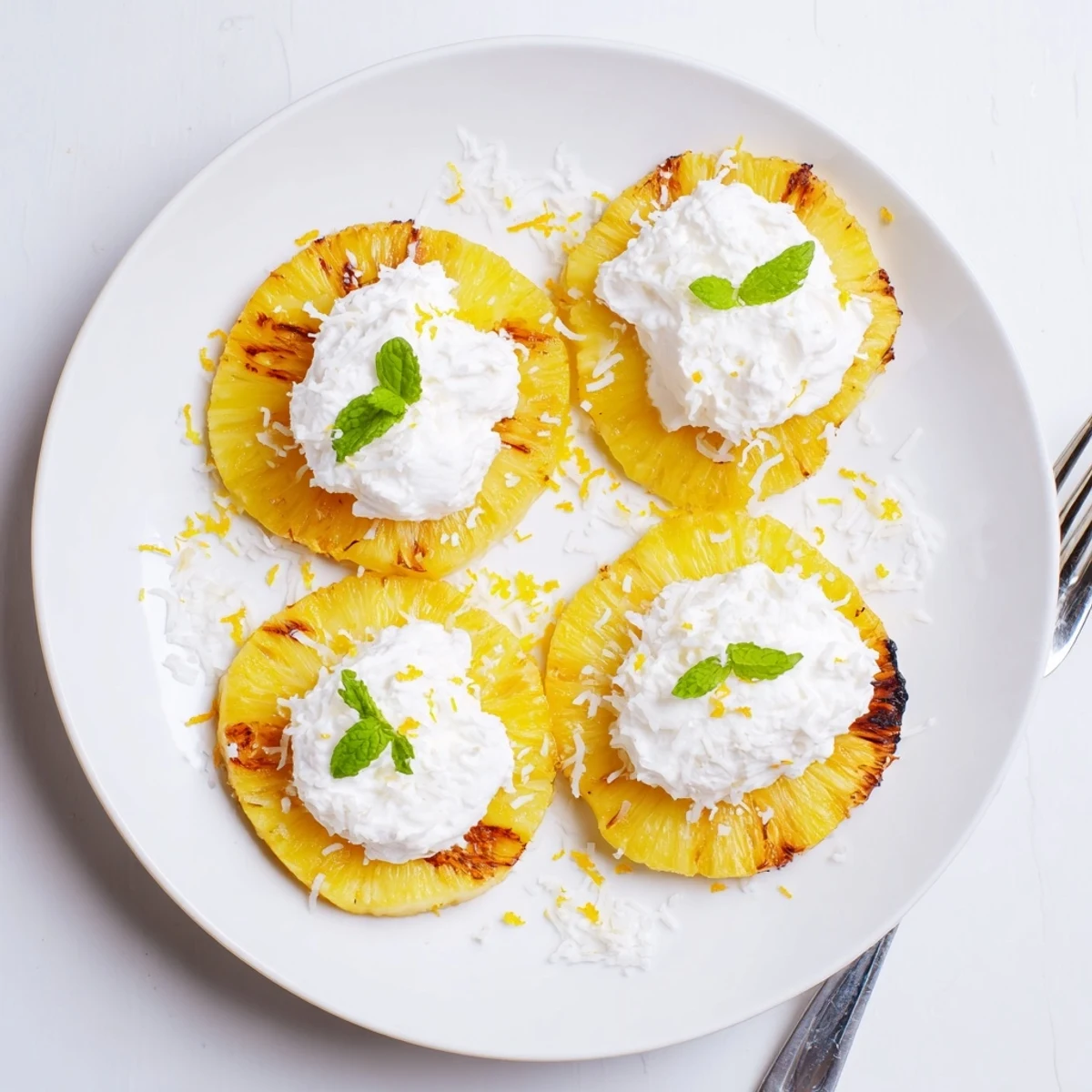 Creamy Citrus Grilled Pineapple with caramelized char marks, drizzled citrus cream.