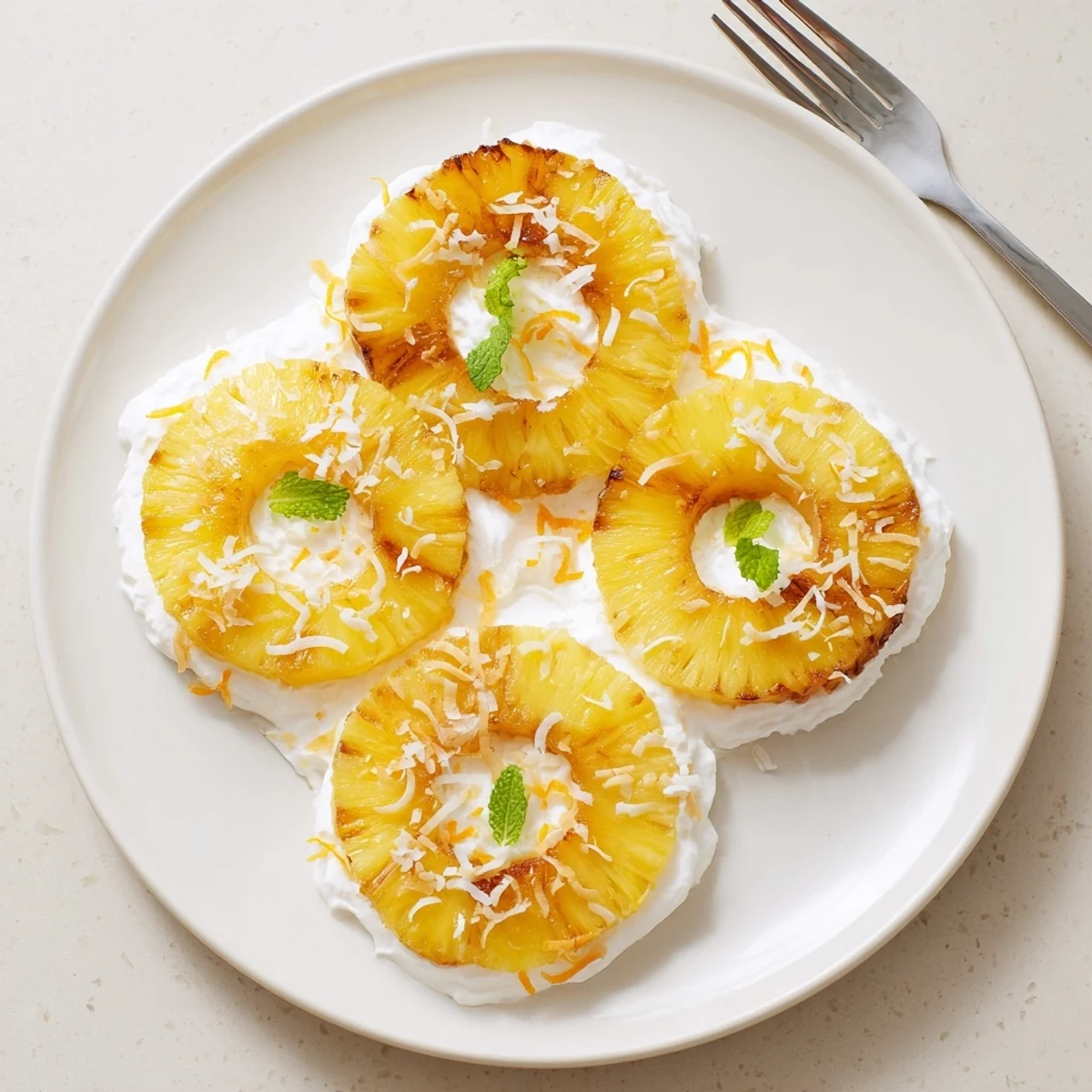 Sliced Creamy Citrus Grilled Pineapple served warm with mint and coconut.