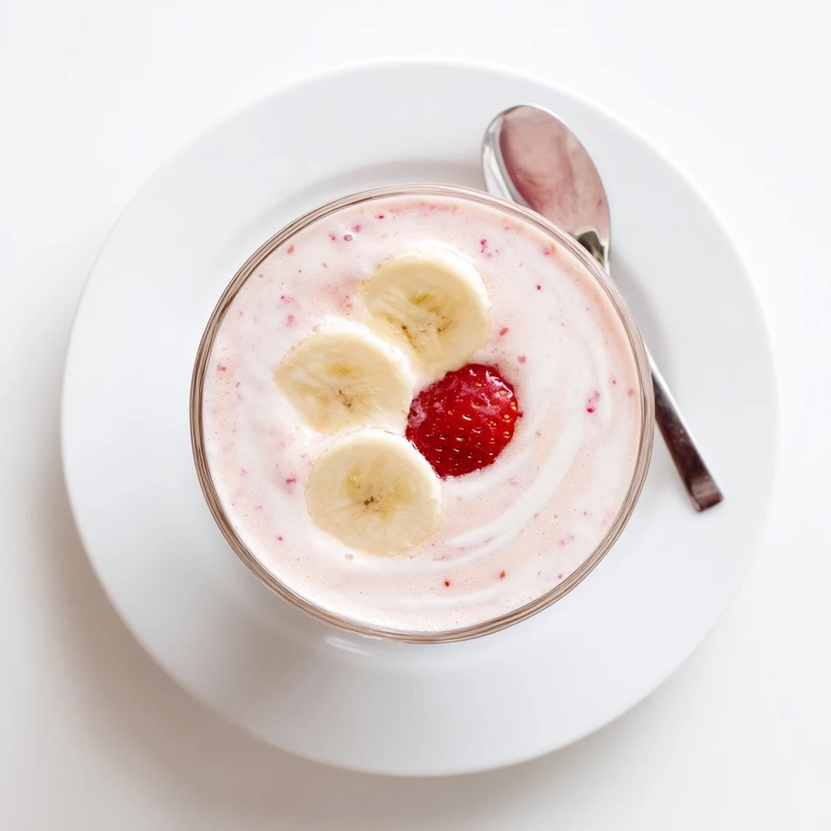 Strawberry Banana Smoothie Recipe: frothy vanilla yogurt blend, cold, refreshing midday snack.