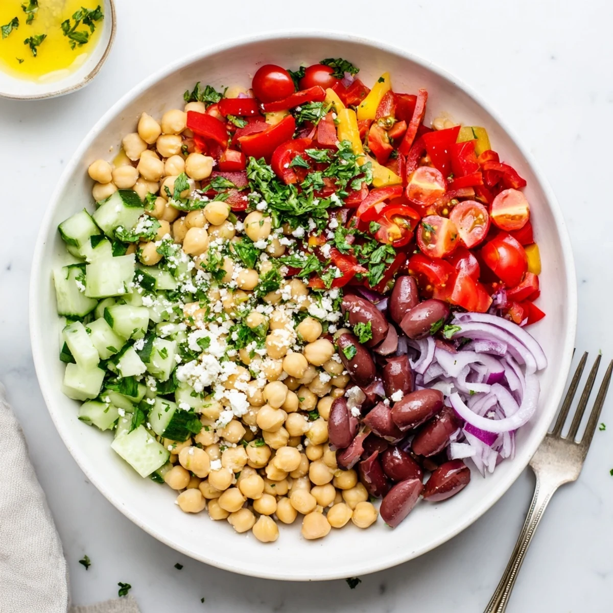 Serving suggestion: Vibrant Mediterranean Chickpea Delight chilled, topped with crumbled feta