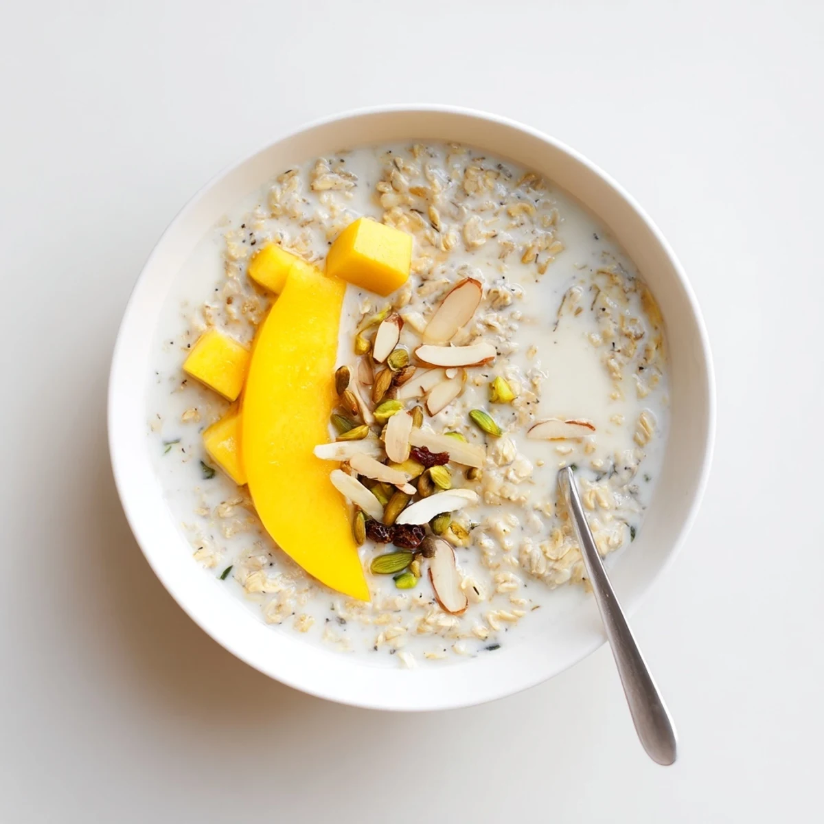 Creamy Indian Cardamom Overnight Oats topped with mango and toasted pistachios.