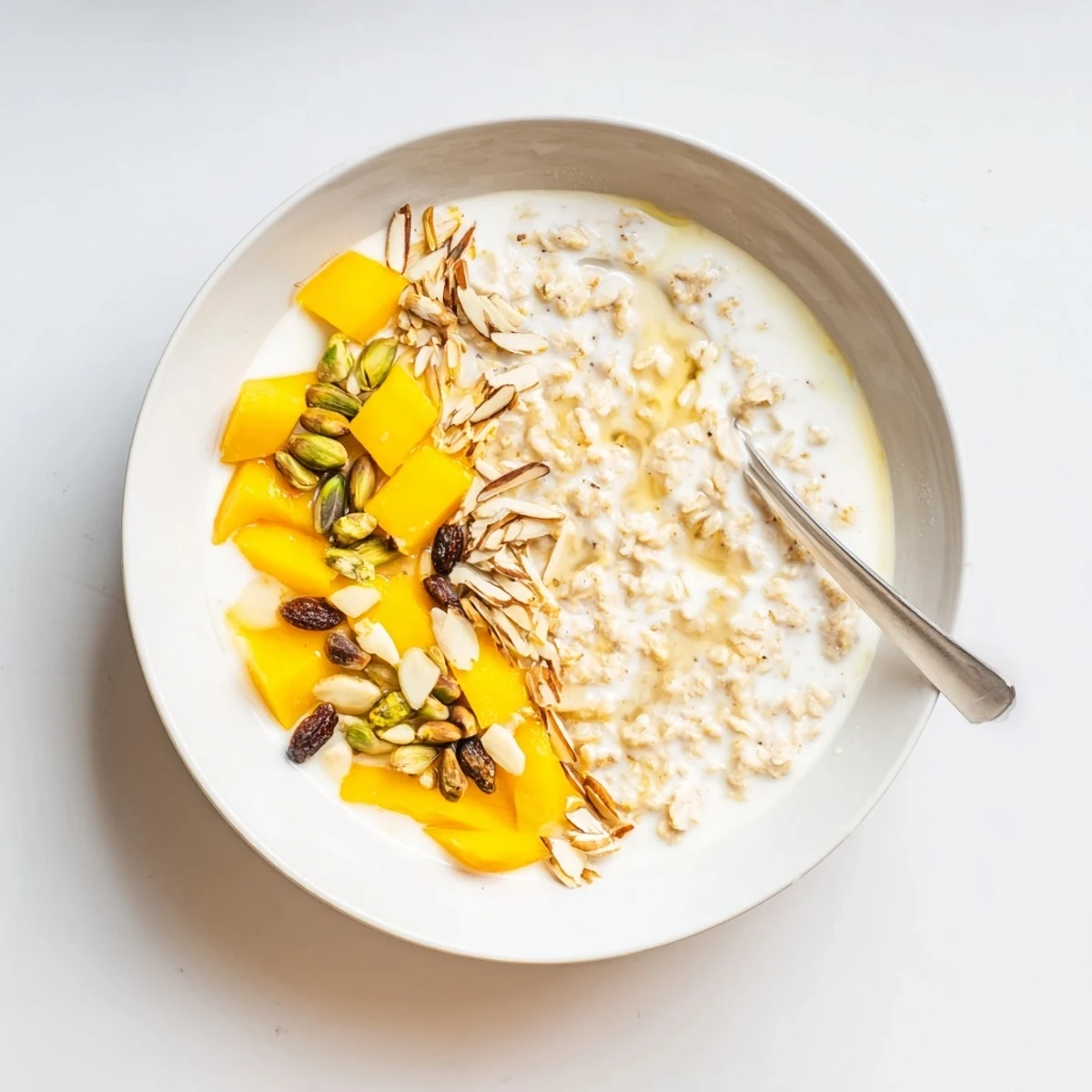 Chilled Indian Cardamom Overnight Oats swirling warm spice, honey, and crunchy almonds.