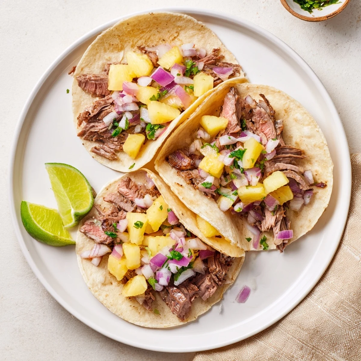 Savory Beef Al Pastor Tacos Delight on warm corn tortillas with charred pineapple