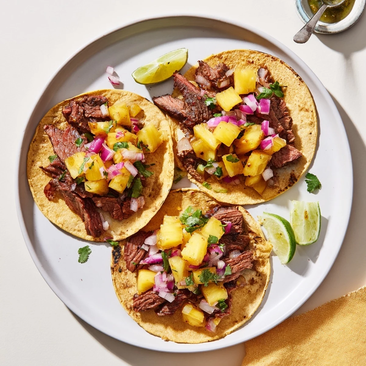 Aromatic Savory Beef Al Pastor Tacos Delight served with salsa verde and lime