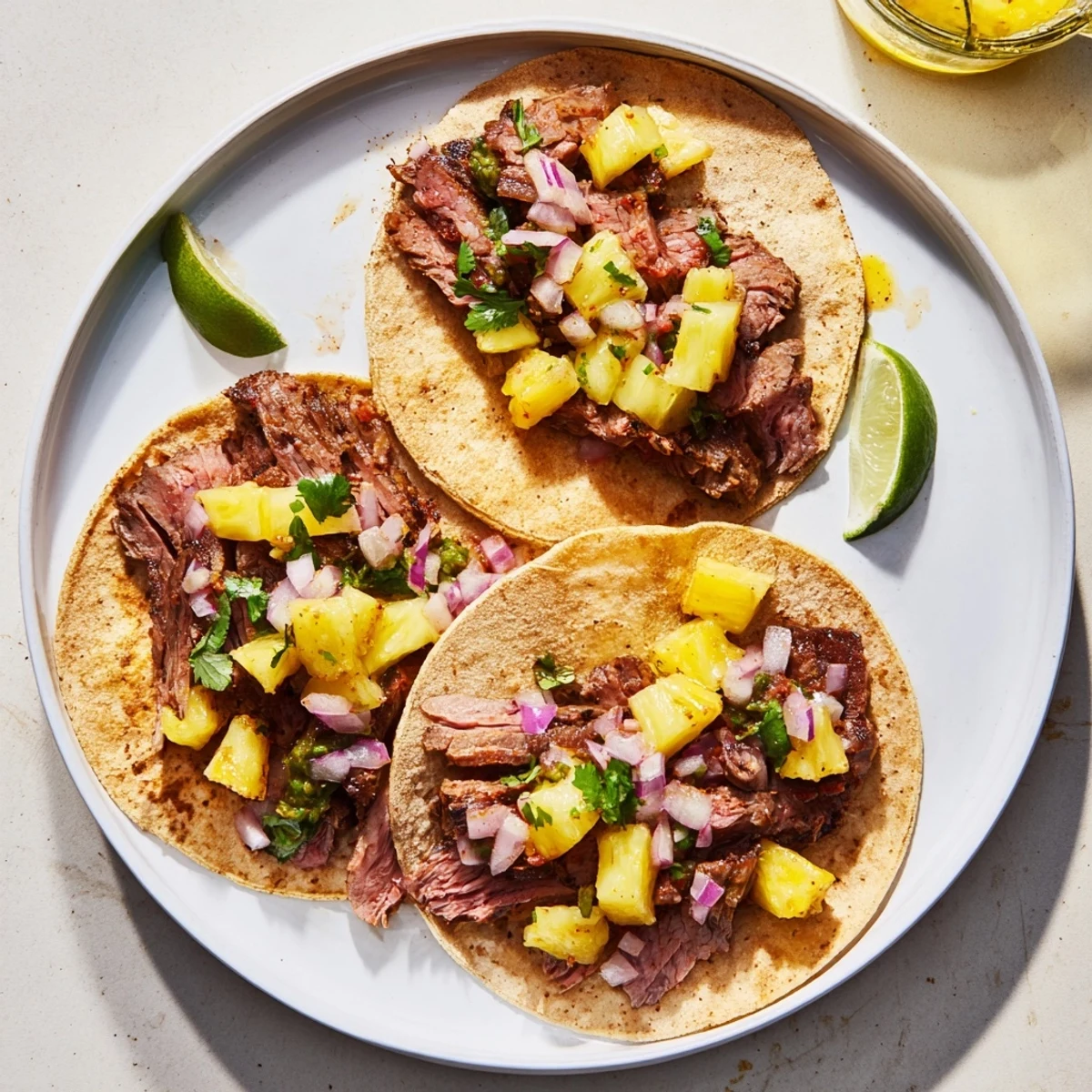 Grilled Savory Beef Al Pastor Tacos Delight topped with pineapple, cilantro, lime wedges