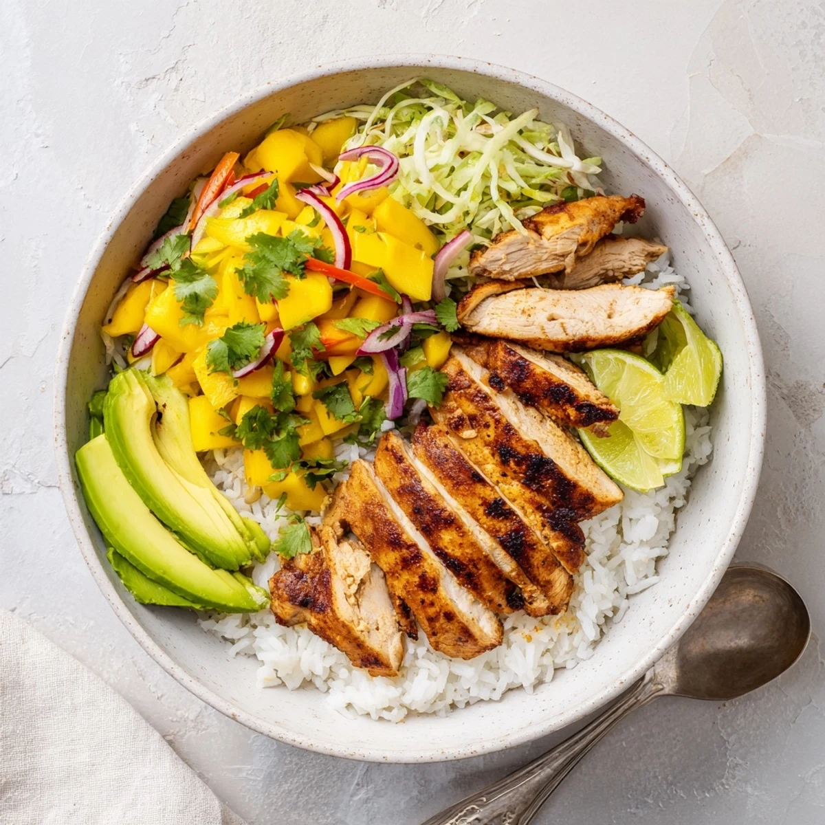Jerk Chicken Bowls With Mango Lime Slaw, charred chicken and bright citrus slaw