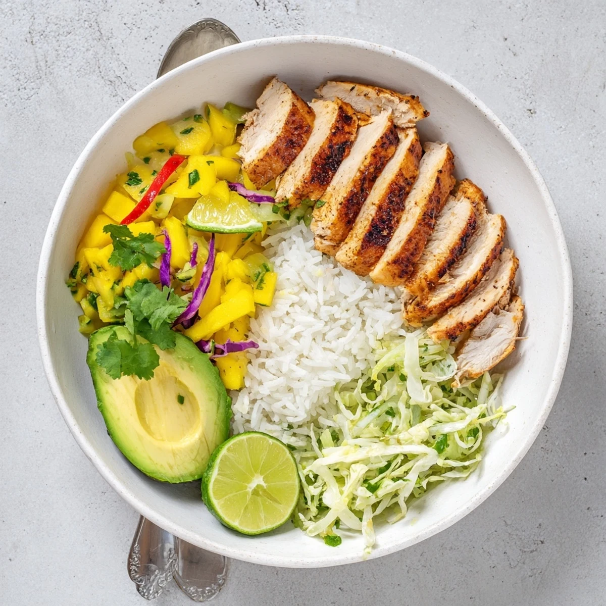 Grilled, spicy chicken over rice in Jerk Chicken Bowls With Mango Lime Slaw