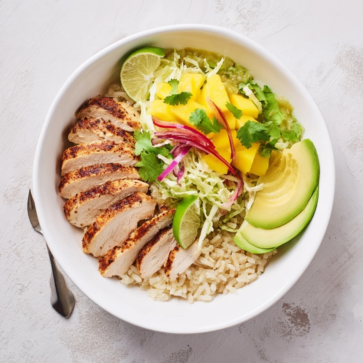 Bright mango-lime slaw crowns Jerk Chicken Bowls With Mango Lime Slaw, creamy avocado