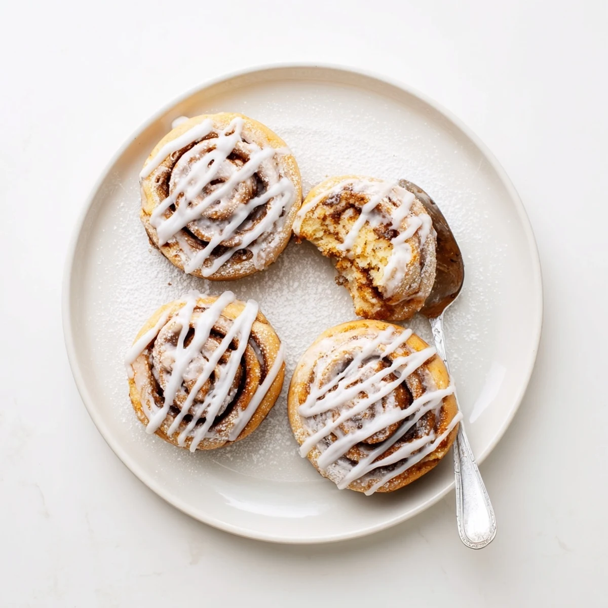 Plate of Cinnamon Roll Cheesecake Cookies drizzled glaze, soft, chewy bites