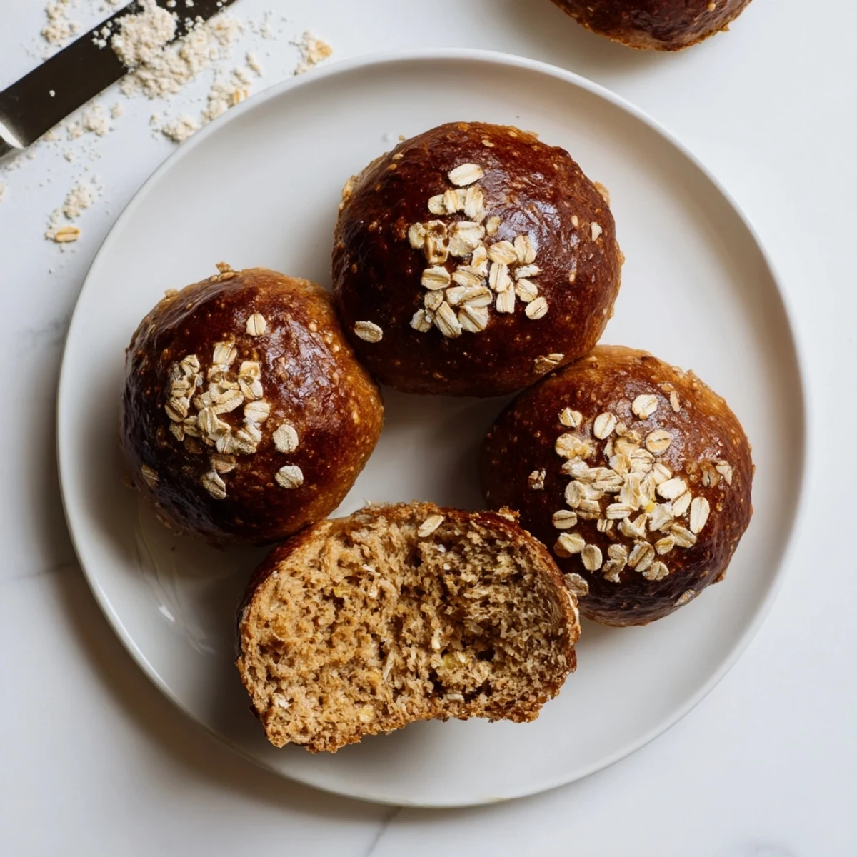 Rustic Oatmeal Molasses Dinner Rolls, fresh from the oven, golden crust, oat topping