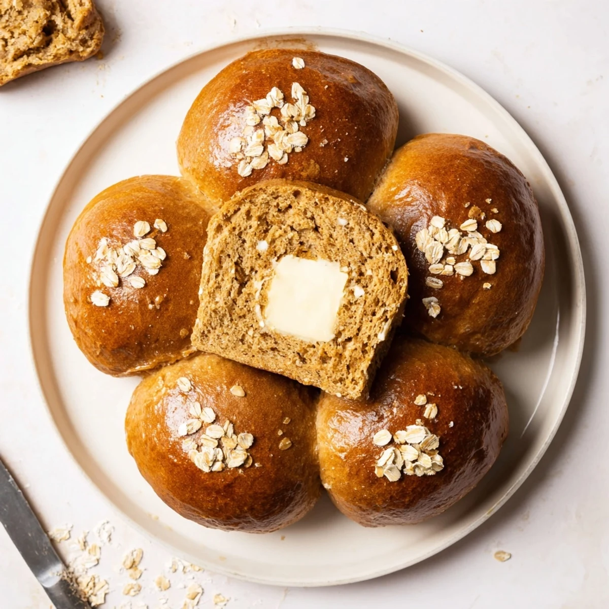 Warm, hearty bread perfect with soup: Rustic Oatmeal Molasses Dinner Rolls on rack